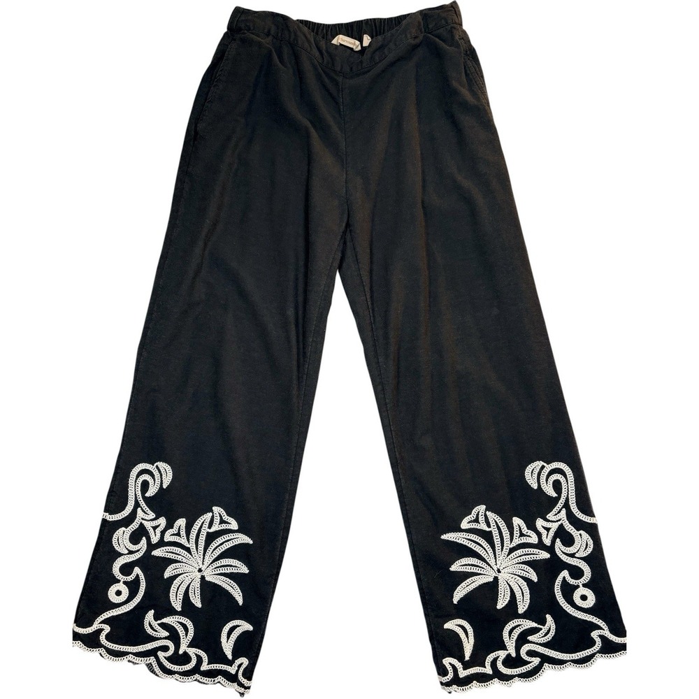 Soft Surroundings Black Embroidered Cropped Wide Leg Pants XS Boho Linen Blend